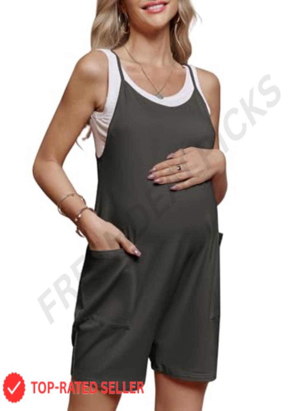 Maternity Romper Sleeveless Overall Shorts Jumpsuit with Pockets, Stretch Soft